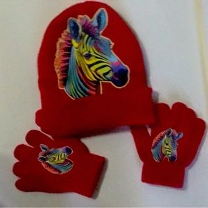 A red zebra hat and gloves knit winter hat set for boys kids girls children